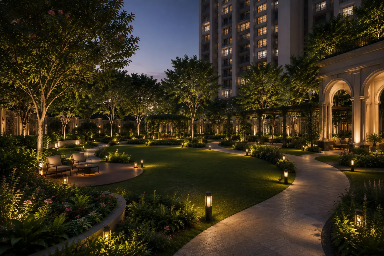 Landscaped gardens at Godrej Regent Park, Sarjapur Road